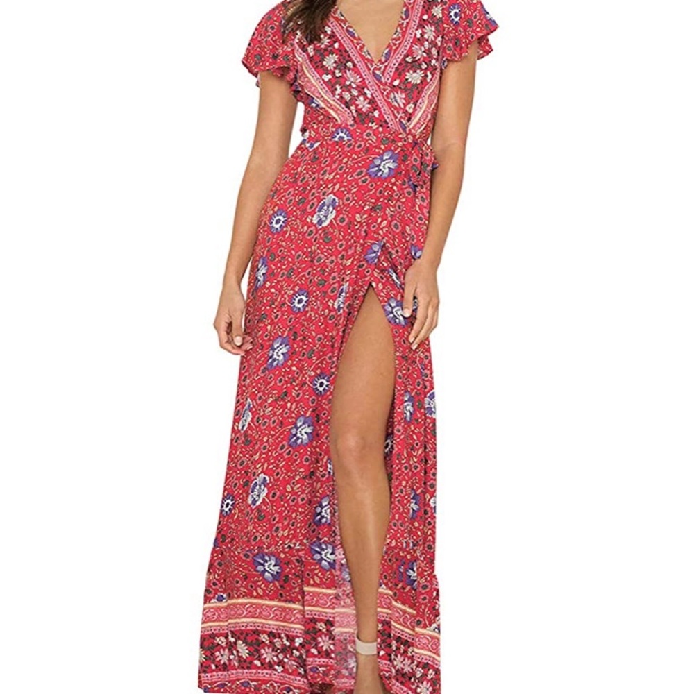 Bohemian red printed wrap dress